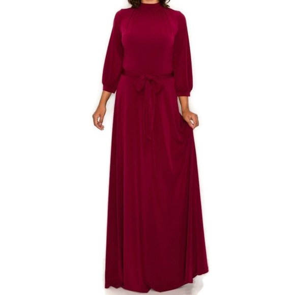 Janette Fashion Burgundy Mock Neck Tie Cuffed Sleeve Modest Maxi Dress - Picture 2 of 3